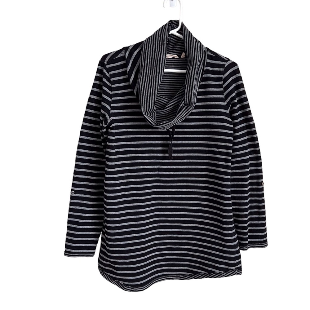 Soft Surroundings Grey Black Stripe Cowl Neck Top Casual Coastal Neutral XS